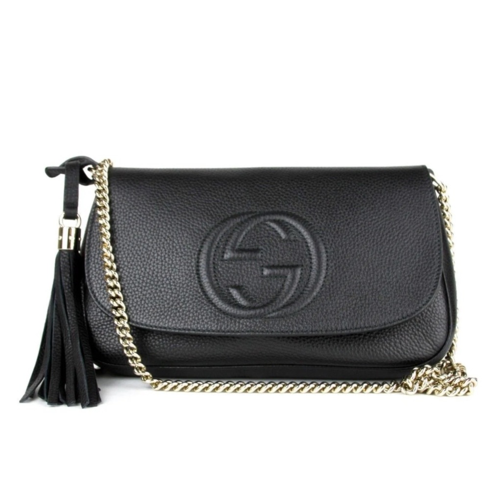 Gucci Soho Disco GG Black Calf Leather Tassel Chain Crossbody Bag
